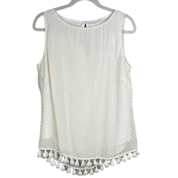 Sail‎ To Sable White Silk Blend Swiss Dot Sleeveless Top Tassel Hem Size Medium - Picture 2 of 8